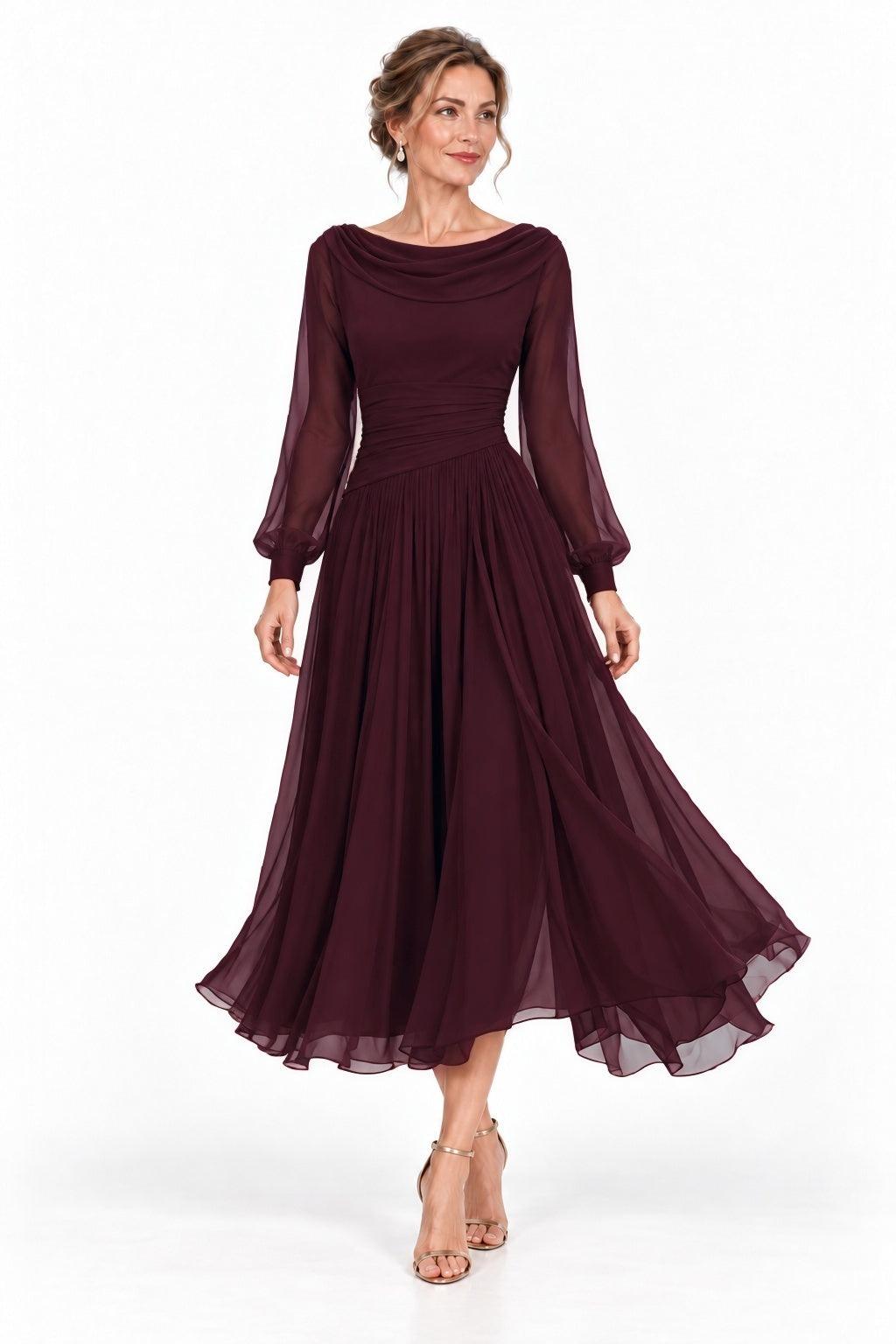 A-Line Tea Length Chiffon Mother of the Bride Dress CM0527 - Wine - COCOMELODY
